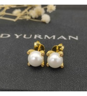 David Yurman Pearl Stud Øredobber 18K Gult Gull og med Perler og Diamanter 14mm
