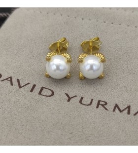 David Yurman Pearl Stud Øredobber 18K Gult Gull og med Perler og Diamanter 14mm