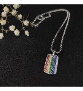 David Yurman Menn Chevron Tag Anheng i Sterling Sølv med Rainbow Pavé 35mm