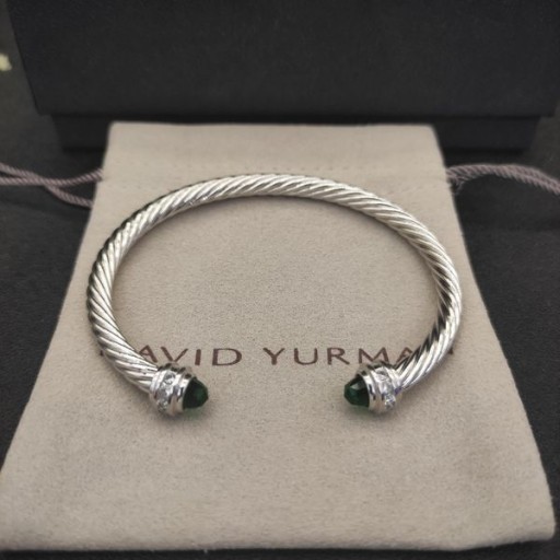 Klasyczna damska bransoletka mankiet David Yurman ze Srebra z Ciemno-Zielonymi Diamentami 5 mm