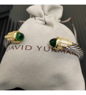 Klasyczny Damski bransoleta-mankiet David Yurman ze Srebra z Żółtego Złota 18 Karat i Ciemno-Zielonych Diamentów 7 mm