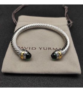 Klasyczna damska bransoletka mankiet David Yurman ze Srebra z Żółtego Złota 18 Karat i szmaragdami 7 mm