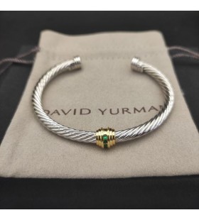 Klasyczny Damski bransoleta-mankiet David Yurman ze srebra z Żółtego Złota 18 Karat i Zielonych diamentów 4 mm