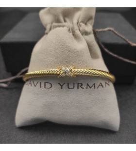 David Yurman Damska bransoletka mankiet X Cablespira Station z Żółtego Złota 18 Karat z brylantami Pawie 4 mm