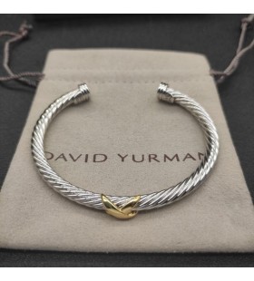 David Yurman Damska Bransoletka Mankiet X Classic Cable Station ze Srebra, 14-karatowego Żółtego Złota 5 mm