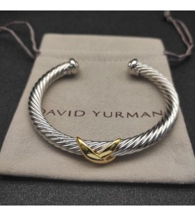 David Yurman Damska Bransoletka Mankiet X Classic Cable Station ze Srebra, 14-karatowego Żółtego Złota 7 mm