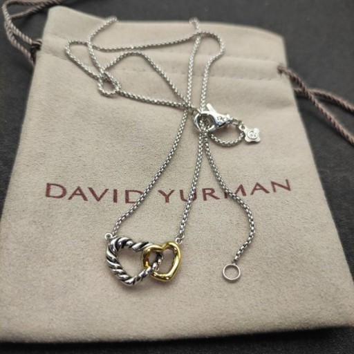 David Yurman Žien Kábel Zberateľstvo Spriahnuté Srdce Prívesok Náhrdelník Rýdzeho Striebra s 18K Žlté Zlato 16.4 mm