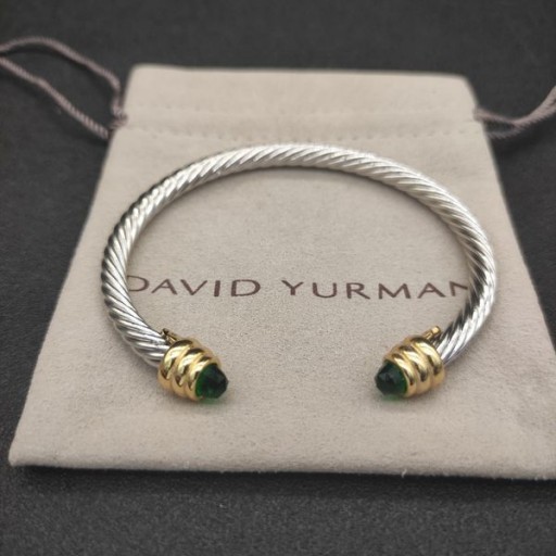 David Yurman Žien Klasický Kábel Putá Náramok Rýdzeho Striebra s 18K Žlté Zlato a Tmavo Zelený Diamant 5mm