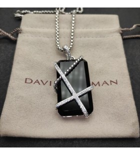 David Yurman Kábel Zábal Amulet Rýdzeho Striebra s Black Onyx a Diamanty 32mm