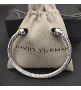 David Yurman Žien Klasický Kábel Putá Náramok Rýdzeho Striebra s 14K Žltého Zlata a Čierne Diamanty 5mm