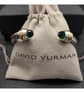 David Yurman Žien Klasický Kábel Putá Náramok Rýdzeho Striebra s 18K Žlté Zlato a Smaragdy 7mm