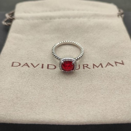 David Yurman Petite Chatelaine 파베 세팅 베젤 링 스털링 실버,로돌 라이트 가닛 및 다이아몬드 7mm