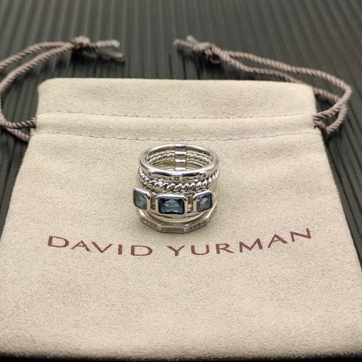 David Yurman Stax 다섯 행 링 스털링 실버 햄프턴 파란 황옥 및 다이아몬드 15mm
