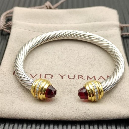 David Yurman 여자의 고전 Cablespira 팔목 팔찌 스털링 실버 사이즈의 18 캐럿 옐로우 골드 및 레드 다이아몬드 7mm