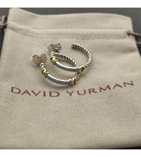 David Yurman Petite Helena Linda Hoop Örhängen Sterling Silver med 18K vitt Guld och Diamanter 3/4in