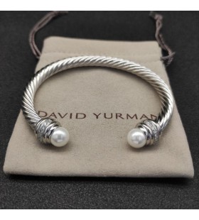 David Yurman Kvinnors Klassisk Kabel-Cuff Bracelet Sterling Silver med Pärlor och Diamanter 7mm