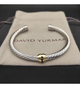 David Yurman Kvinnors Klassisk Kabel-Station Manschett Armband Sterling Silver med 18K Gult Guld och Svarta Diamanter 4mm