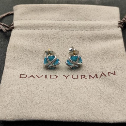 David Yurman Kablo Sarma Saplama Küpe Gümüş Mavi Kristaller ve Elmas 12mm