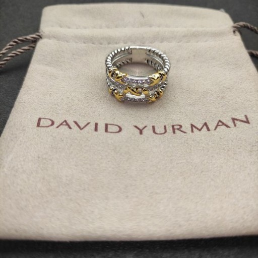 David Yurman Petite Helena Wrap Üç Sıra Yüzük Gümüş 18K Sarı Altın ve Pırlanta 12mm