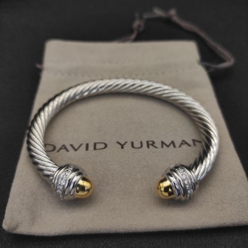 David Yurman kadın Klasik Kablo Manşet Bilezik Gümüş 14K Sarı Altın Kubbeler ve Elmas 7mm