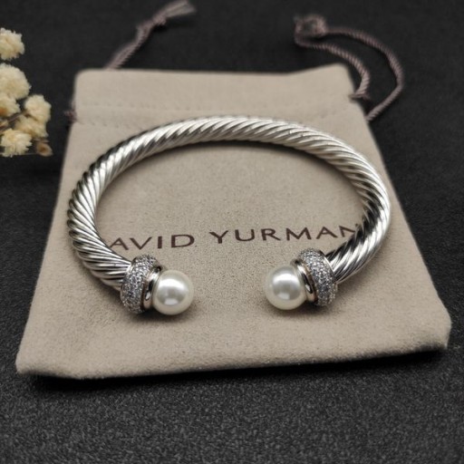 David Yurman kadın Klasik Kablo Manşet Bilezik Gümüş İnci ve Pavé Elmas 7mm
