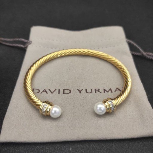 David Yurman kadın Klasik Cablespira Manşet Bilezik 18K Sarı Altın İnci ve Elmas ile 5mm