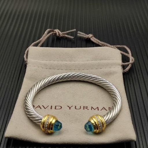 David Yurman kadın Klasik Cablespira Manşet Bilezik Gümüş 18K Sarı Altın Ve Mavi Elmas 7mm