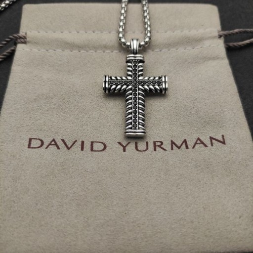 David Yurman erkek Chevron Çapraz Kolye Gümüş Siyah Elmas 41.5 mm