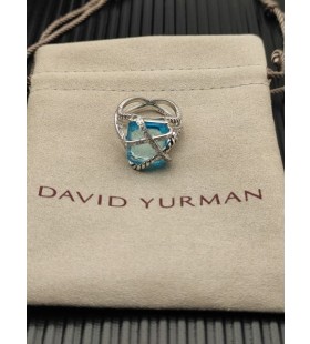 David Yurman Envoltura de Cable del Anillo de Plata de ley con Azul de Ónix y Diamantes 20.4 mm