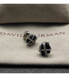 David Yurman Cable Envoltura de Aretes de Plata de ley con Ónix Negro y Diamantes 11mm