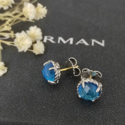 David Yurman صغيرتي سيدة أقراط الفضة الاسترليني مع الكريستال الأزرق 8mm