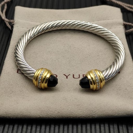 David Yurman المرأة الكلاسيكية Cablespira سوار الكفة الفضة الاسترليني مع 18K الذهب الأصفر الماس الأسود 7mm