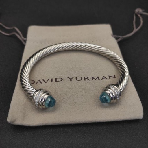 David Yurman Dámské Klasické Kabelové Manžetový Knoflíček Sterling Stříbrné s Modrým Topazem a Diamanty 7mm