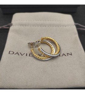 David Yurman Crossover Hoop Náušnice Sterling 18K Žluté Zlato a Stříbra s Diamanty, Vnitřní průměr 20mm