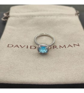 David Yurman Petite Chatelaine Pavé Bezel Prsten Sterling Stříbrné s Modrým Topazem a Diamanty 7mm