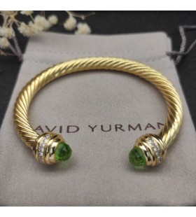 David Yurman Dámské Klasické Cablespira Manžeta Náramek 18K Žluté Zlato s Světle Zelené Diamanty 7mm