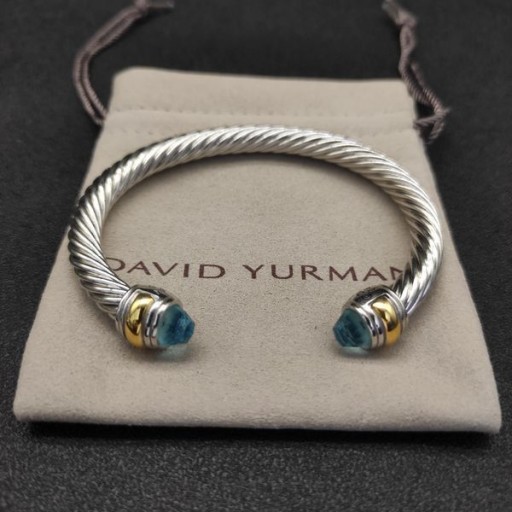 David Yurman Kvinders Klassiske Kabel-Cuff Bracelet Sterling Sølv med 18K Gul Guld og Blå Topas 7mm
