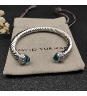 David Yurman Kvinders Klassiske Kabel-Cuff Bracelet Sterling Sølv med Blå Topas og Pavé Diamanter 7mm
