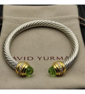 David Yurman Women ' s Classic Cablespira Cuff Bracelet Sterling Sølv med 18K Gul Guld Og Lys Grøn Diamanter 7mm