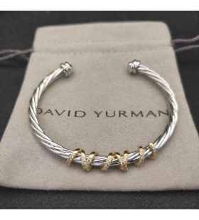 David Yurman Kvinders Helena Center Station Cuff Bracelet Sterling Sølv med 18K Gul Guld og Diamanter, 4mm