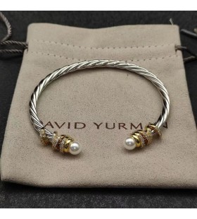 David Yurman Kvinders Helena Cuff Bracelet Sterling Sølv Med 18K Gul Guld Med Perler og Diamanter 4mm