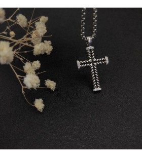 David Yurman Mænds Chevron Cross Vedhæng i Sterling Sølv med Diamanter 33mm