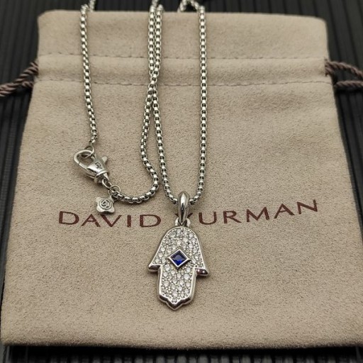 David Yurman Hamsa Amulet 18K Wit Goud met Pave Diamanten en Blauwe Saffier 24,6 mm
