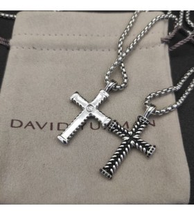David Yurman Chevron Kruis Hanger in Sterling Zilver met Zwarte Diamanten Online 33mm
