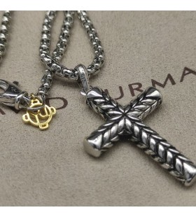 David Yurman Mannen Chevron Kruis Hanger in Sterling Zilver met Zwarte Diamanten 36mm