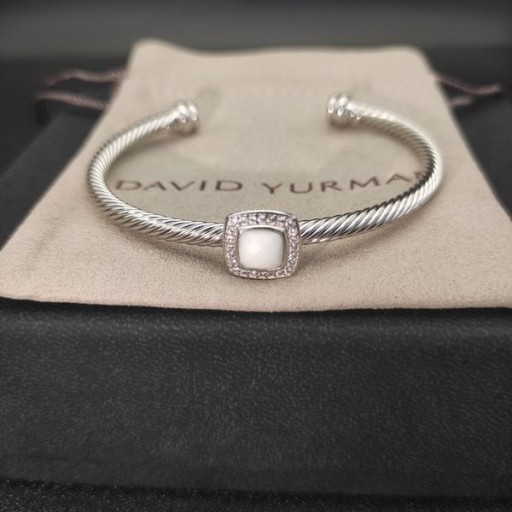 David Yurman Naisten Klassinen Cablespira Asema Ranneke Rannerengas Sterling Silver, kanssa Valkoinen akaatti ja Timantteja 4mm