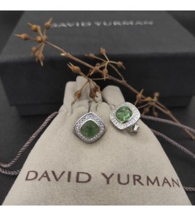 David Yurman Albion Stud Korvakorut Sterling Hopea, Vihreä Kristalli ja Timantteja 7mm