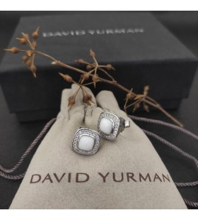 David Yurman Albion Stud Korvakorut Sterling Silver, kanssa Valkoinen akaatti ja Timantteja 7mm