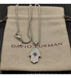 David Yurman Hamsa Amuletti 18K Valkoinen Kulta kanssa Pavé Timantteja ja Sininen Safiiri 24.6 mm