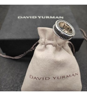 David Yurman Tehostaa Kolmen Rivin Band Ring Sterling Silver, kanssa Musta Ruutu 8,5 mm